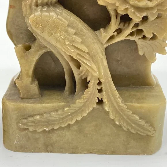 Vintage Pair of Hand-Carved Green Soapstone Bookends Phoenix Bird Lotus Flower - Picture 7 of 16